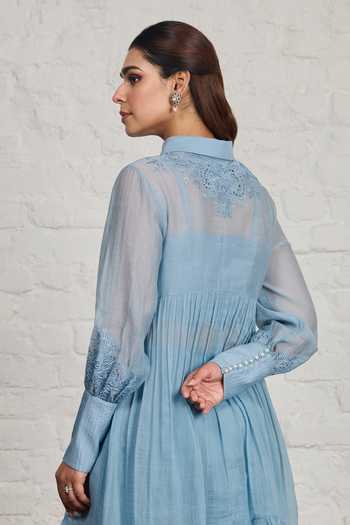 Shop_Sue Mue_Blue Silk, Cotton, Chanderi Collared Neck, Yes Cora Pleated Tunic And Salwar Set _Online_at_Aza_Fashions