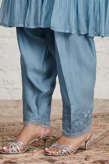Sue Mue_Blue Silk, Cotton, Chanderi Collared Neck, Yes Cora Pleated Tunic And Salwar Set _at_Aza_Fashions