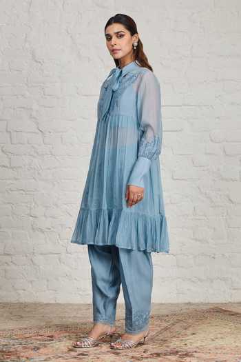 Buy_Sue Mue_Blue Silk, Cotton, Chanderi Collared Neck, Yes Cora Pleated Tunic And Salwar Set 