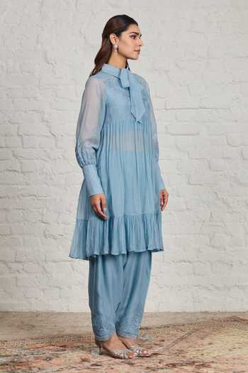 Shop_Sue Mue_Blue Silk, Cotton, Chanderi Collared Neck, Yes Cora Pleated Tunic And Salwar Set 