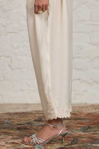 Sue Mue Off White Chanderi V-neck, Isabell Applique Overlay Jacket And Harem Salwar Set Online at Aza Fashions Sue Mue_Off White Chanderi V-neck, Isabell Applique Overlay Jacket And Harem Salwar Set _Online_at_Aza_Fashions