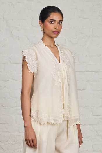 Buy Sue Mue Off White Chanderi V-neck, Isabell Applique Overlay Jacket And Harem Salwar Set Online at Aza Fashions Buy_Sue Mue_Off White Chanderi V-neck, Isabell Applique Overlay Jacket And Harem Salwar Set _Online_at_Aza_Fashions