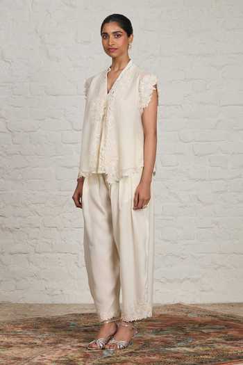 Sue Mue Off White Chanderi V-neck, Isabell Applique Overlay Jacket And Harem Salwar Set at Aza Fashions Sue Mue_Off White Chanderi V-neck, Isabell Applique Overlay Jacket And Harem Salwar Set _at_Aza_Fashions