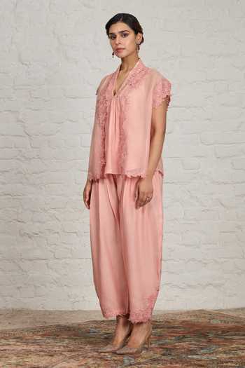 Sue Mue_Peach Chanderi V-neck, Open Isabell Floral Overlay Jacket And Harem Salwar Set _Online_at_Aza_Fashions