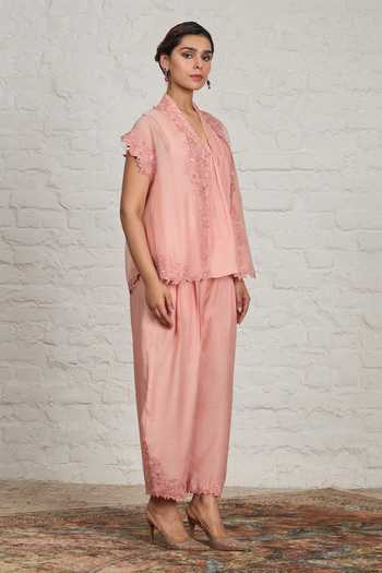 Buy_Sue Mue_Peach Chanderi V-neck, Open Isabell Floral Overlay Jacket And Harem Salwar Set _Online_at_Aza_Fashions