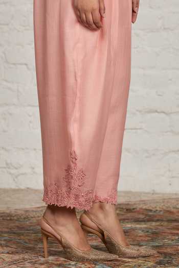 Shop_Sue Mue_Peach Chanderi V-neck, Open Isabell Floral Overlay Jacket And Harem Salwar Set _Online_at_Aza_Fashions