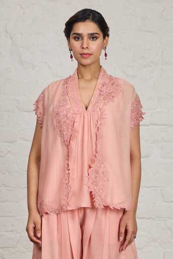 Sue Mue_Peach Chanderi V-neck, Open Isabell Floral Overlay Jacket And Harem Salwar Set _at_Aza_Fashions
