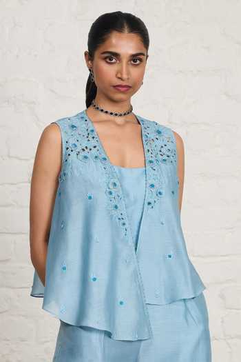Sue Mue Blue Silk, Chanderi Embroidery, Beads, Belty Floral Overlay And Jumpsuit Set Online at Aza Fashions Sue Mue_Blue Silk, Chanderi Embroidery, Beads, Belty Floral Overlay And Jumpsuit Set _Online_at_Aza_Fashions