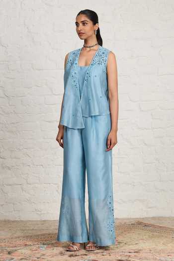 Buy Sue Mue Blue Silk, Chanderi Embroidery, Beads, Belty Floral Overlay And Jumpsuit Set Online at Aza Fashions Buy_Sue Mue_Blue Silk, Chanderi Embroidery, Beads, Belty Floral Overlay And Jumpsuit Set _Online_at_Aza_Fashions