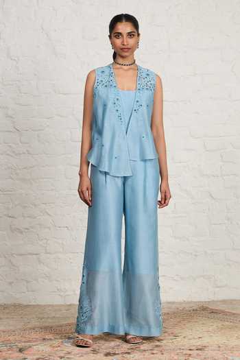 Sue Mue Belty Floral Embroidered Overlay & Jumpsuit Set 