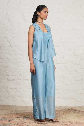 Sue Mue Blue Silk, Chanderi Embroidery, Beads, Belty Floral Overlay And Jumpsuit Set at Aza Fashions Sue Mue_Blue Silk, Chanderi Embroidery, Beads, Belty Floral Overlay And Jumpsuit Set _at_Aza_Fashions