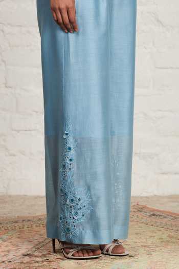 Buy Sue Mue Blue Silk, Chanderi Embroidery, Beads, Belty Floral Overlay And Jumpsuit Set Buy_Sue Mue_Blue Silk, Chanderi Embroidery, Beads, Belty Floral Overlay And Jumpsuit Set
