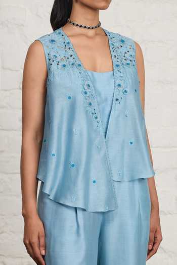 Shop Sue Mue Blue Silk, Chanderi Embroidery, Beads, Belty Floral Overlay And Jumpsuit Set Shop_Sue Mue_Blue Silk, Chanderi Embroidery, Beads, Belty Floral Overlay And Jumpsuit Set