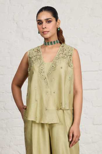 Sue Mue_Green Silk, Chanderi Embroidery, Beads, Zari, Cut Belty Overlay And Jumpsuit Set _Online_at_Aza_Fashions