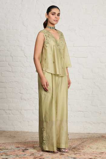 Buy_Sue Mue_Green Silk, Chanderi Embroidery, Beads, Zari, Cut Belty Overlay And Jumpsuit Set _Online_at_Aza_Fashions
