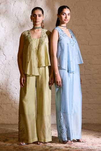 Shop_Sue Mue_Green Silk, Chanderi Embroidery, Beads, Zari, Cut Belty Overlay And Jumpsuit Set _Online_at_Aza_Fashions