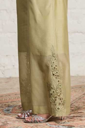 Sue Mue_Green Silk, Chanderi Embroidery, Beads, Zari, Cut Belty Overlay And Jumpsuit Set _at_Aza_Fashions