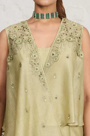 Buy_Sue Mue_Green Silk, Chanderi Embroidery, Beads, Zari, Cut Belty Overlay And Jumpsuit Set 