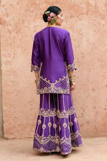 Shop Vinita Bhansali Purple Silk Split V-neck Ruhira Embroidered Sharara Set at Aza Fashions Shop_Vinita Bhansali_Purple Silk Split V-neck Ruhira Embroidered Sharara Set _at_Aza_Fashions
