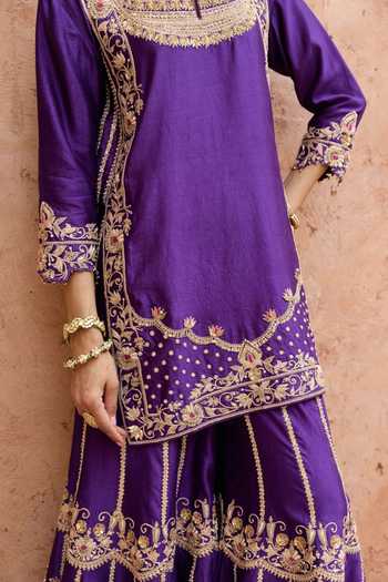 Vinita Bhansali Purple Silk Split V-neck Ruhira Embroidered Sharara Set Online at Aza Fashions Vinita Bhansali_Purple Silk Split V-neck Ruhira Embroidered Sharara Set _Online_at_Aza_Fashions