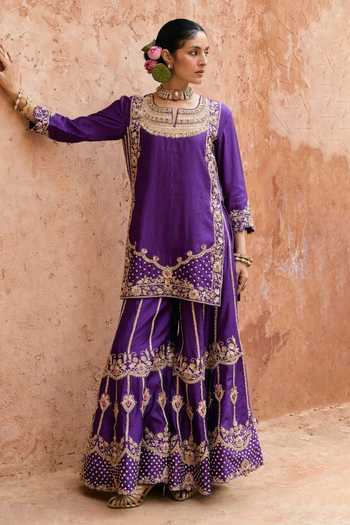 Buy Vinita Bhansali Purple Silk Split V-neck Ruhira Embroidered Sharara Set Online at Aza Fashions Buy_Vinita Bhansali_Purple Silk Split V-neck Ruhira Embroidered Sharara Set _Online_at_Aza_Fashions