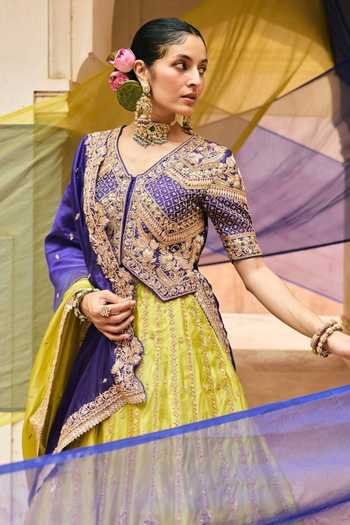 Vinita Bhansali_Purple Silk V-neck Kaira Embroidered Waistcoat Lehenga Set _Online_at_Aza_Fashions