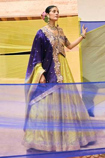 Buy_Vinita Bhansali_Purple Silk V-neck Kaira Embroidered Waistcoat Lehenga Set _Online_at_Aza_Fashions