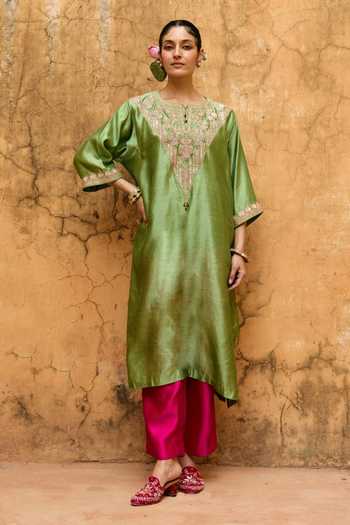 Vinita Bhansali Meher Embroidered Silk Kaftan & Pant Set 