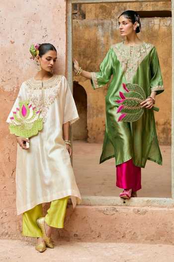 Shop Vinita Bhansali Ivory Silk Round Neck Aira Embroidered Kaftan And Pant Set Online at Aza Fashions Shop_Vinita Bhansali_Ivory Silk Round Neck Aira Embroidered Kaftan And Pant Set _Online_at_Aza_Fashions