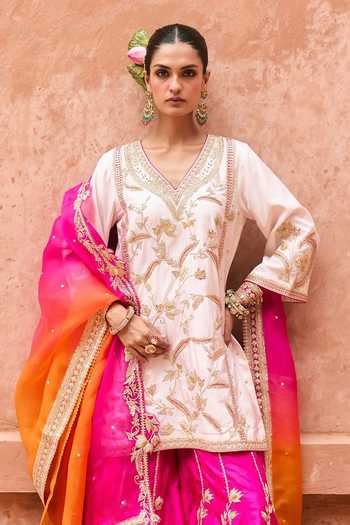 Vinita Bhansali Ivory , Organza V-neck Isha Embroidered Pure Sharara Set Online at Aza Fashions Vinita Bhansali_Ivory , Organza V-neck Isha Embroidered Pure Sharara Set _Online_at_Aza_Fashions