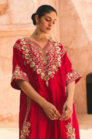 Shop Vinita Bhansali Red Silk V-neck Saera Embroidered Kaftan And Pant Set Online at Aza Fashions Shop_Vinita Bhansali_Red Silk V-neck Saera Embroidered Kaftan And Pant Set _Online_at_Aza_Fashions