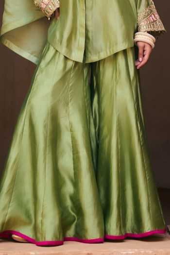Buy Vinita Bhansali Green Silk V-neck Meher Embroidered Cape Sharara Set Online at Aza Fashions Buy_Vinita Bhansali_Green Silk V-neck Meher Embroidered Cape Sharara Set _Online_at_Aza_Fashions