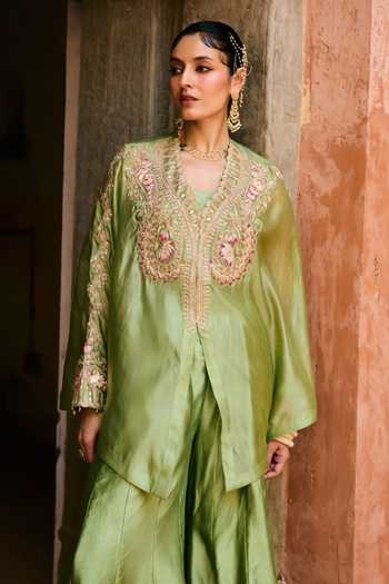 Shop Vinita Bhansali Green Silk V-neck Meher Embroidered Cape Sharara Set Online at Aza Fashions Shop_Vinita Bhansali_Green Silk V-neck Meher Embroidered Cape Sharara Set _Online_at_Aza_Fashions