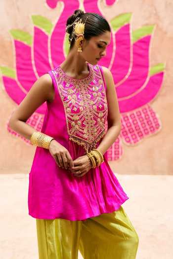 Vinita Bhansali Pink Silk Round Neck Heer Embroidered Short Kurta And Salwar Set Online at Aza Fashions Vinita Bhansali_Pink Silk Round Neck Heer Embroidered Short Kurta And Salwar Set _Online_at_Aza_Fashions