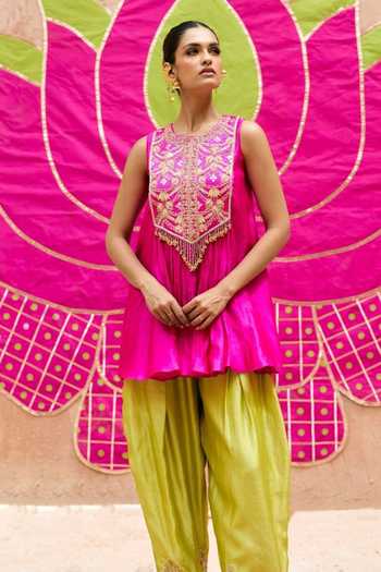 Buy Vinita Bhansali Pink Silk Round Neck Heer Embroidered Short Kurta And Salwar Set Online at Aza Fashions Buy_Vinita Bhansali_Pink Silk Round Neck Heer Embroidered Short Kurta And Salwar Set _Online_at_Aza_Fashions