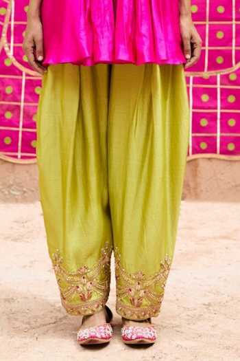 Shop Vinita Bhansali Pink Silk Round Neck Heer Embroidered Short Kurta And Salwar Set Online at Aza Fashions Shop_Vinita Bhansali_Pink Silk Round Neck Heer Embroidered Short Kurta And Salwar Set _Online_at_Aza_Fashions