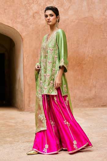 Buy Vinita Bhansali Green , Organza V-neck Meher Embroidered Pure Sharara Set Online at Aza Fashions Buy_Vinita Bhansali_Green , Organza V-neck Meher Embroidered Pure Sharara Set _Online_at_Aza_Fashions