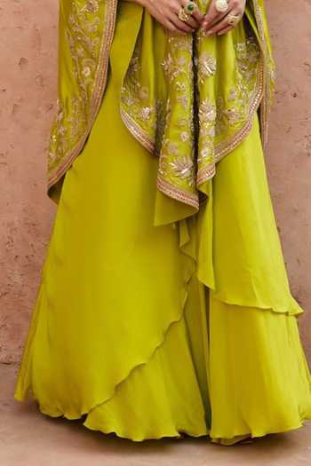 Vinita Bhansali_Green Silk, Crepe Open , Square Shehnaaz Embroidered Cape Skirt Set _Online_at_Aza_Fashions