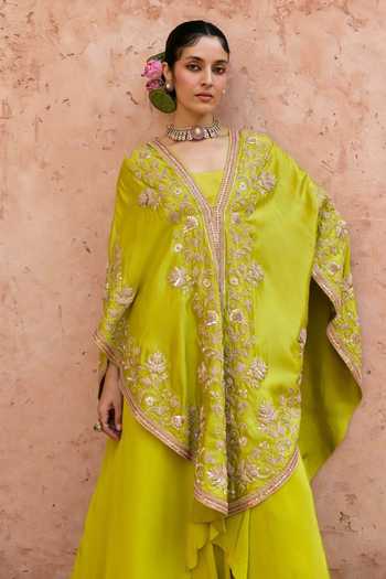 Shop_Vinita Bhansali_Green Silk, Crepe Open , Square Shehnaaz Embroidered Cape Skirt Set _Online_at_Aza_Fashions