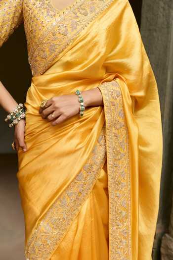 Buy Vinita Bhansali Yellow Silk V-neck Ruhi Pure Saree With Embroidered Blouse Online at Aza Fashions Buy_Vinita Bhansali_Yellow Silk V-neck Ruhi Pure Saree With Embroidered Blouse _Online_at_Aza_Fashions