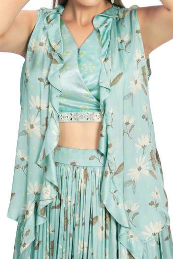 Vana Ethnics Blue Satin, Viscose Embroidery, Floral Print Ruffle Jacket And Lehenga Set For Kids Online at Aza Fashions Vana Ethnics_Blue Satin, Viscose Embroidery, Floral Print Ruffle Jacket And Lehenga Set For Kids_Online_at_Aza_Fashions