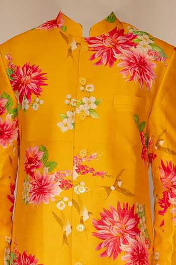 Buy Chrkha Yellow Chanderi Silk, Cotton Satin Embroidery Floral Printed Achkan And Kurta Set For Kids Online at Aza Fashions Buy_Chrkha_Yellow Chanderi Silk, Cotton Satin Embroidery Floral Printed Achkan And Kurta Set For Kids_Online_at_Aza_Fashions