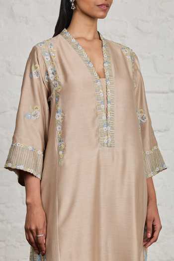 Sue Mue_Beige Silk, Cotton, Chanderi, Fern Vintage Floral Embroidered Kurta Salwar Set _Online_at_Aza_Fashions