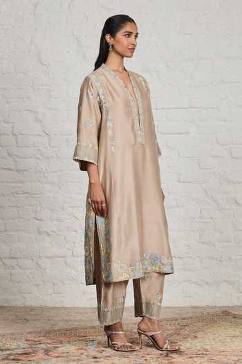 Buy_Sue Mue_Beige Silk, Cotton, Chanderi, Fern Vintage Floral Embroidered Kurta Salwar Set _Online_at_Aza_Fashions