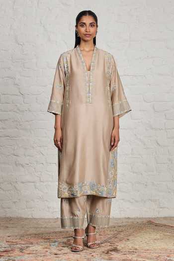 Shop_Sue Mue_Beige Silk, Cotton, Chanderi, Fern Vintage Floral Embroidered Kurta Salwar Set _Online_at_Aza_Fashions