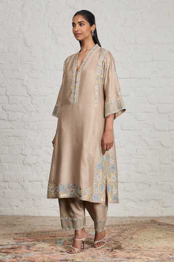 Sue Mue_Beige Silk, Cotton, Chanderi, Fern Vintage Floral Embroidered Kurta Salwar Set _at_Aza_Fashions