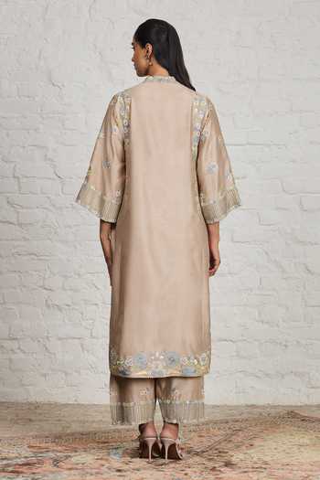 Shop_Sue Mue_Beige Silk, Cotton, Chanderi, Fern Vintage Floral Embroidered Kurta Salwar Set 