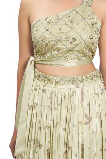 Vana Ethnics_Green Satin, Viscose Embroidery Bustier And Lehenga Set For Kids_Online_at_Aza_Fashions