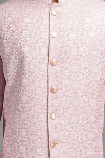 Chatenya Mittal Pink Linen, Silk Embroidery Geometric Sherwani Set For Kids Online at Aza Fashions Chatenya Mittal_Pink Linen, Silk Embroidery Geometric Sherwani Set For Kids_Online_at_Aza_Fashions