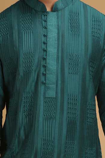 Chatenya Mittal_Green Cotton, Silk Embroidery Kurta And Pant Set For Kids_Online_at_Aza_Fashions